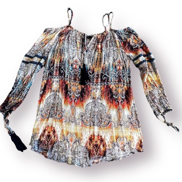 J Roberts Medium Gauze Long Sleeve Boho Hippie Festival Cold Shoulder Top - Picture 1 of 11